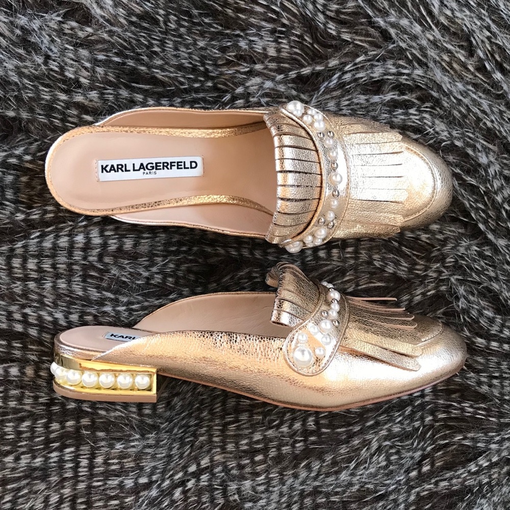 Karl Lagerfeld Metallic Gold Pearl-Embellished Fringe Mules